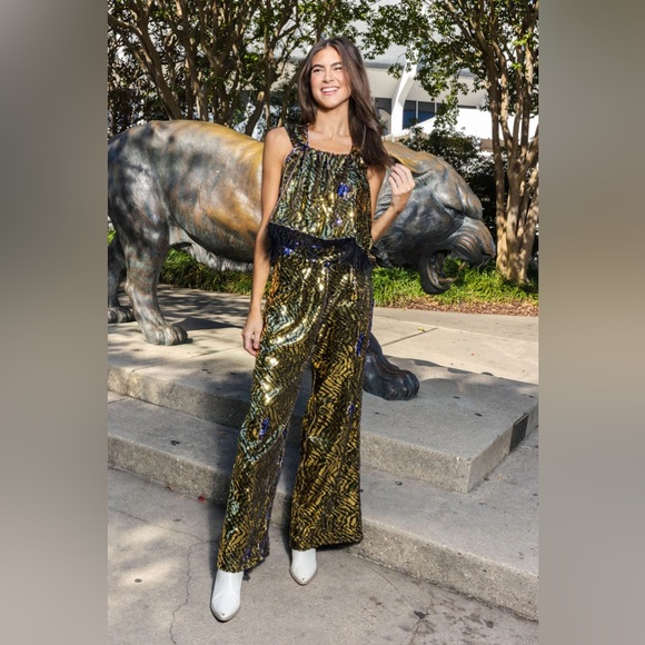 Queen of Sparkles GOLD & BLACK SEQUIN TIGER FEATHER TANK - Picture 2 of 4